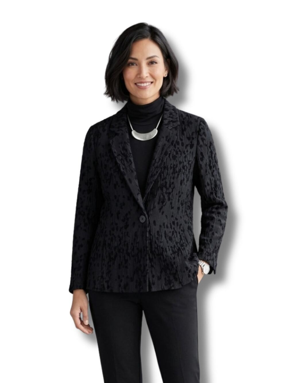 Eileen Fisher Black Chenille Silk Water Lily Jacquard Blazer Jacket L Burnout